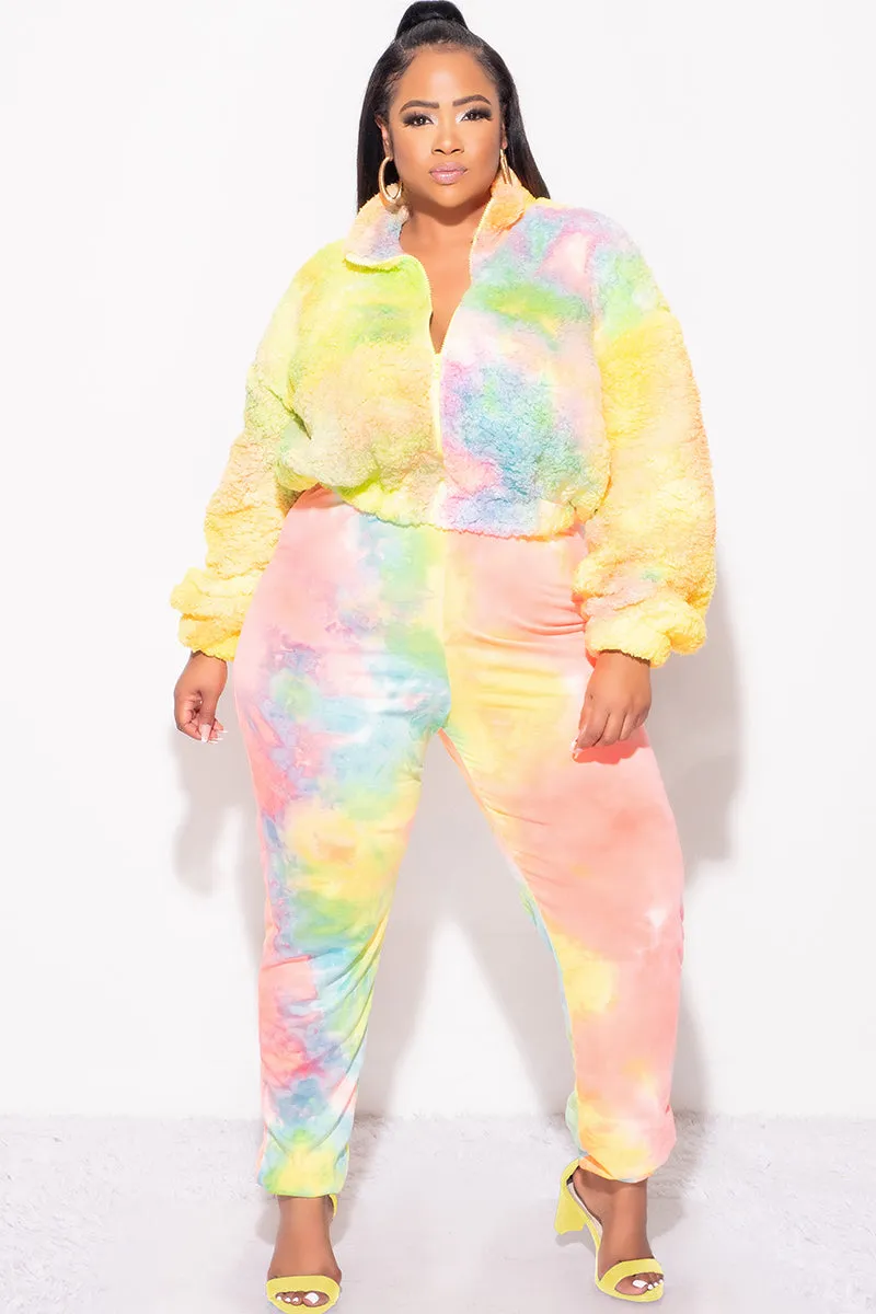 Final Sale Plus Size 2-Piece Set Fleece Jacket & Legging in Pastel Rainbow