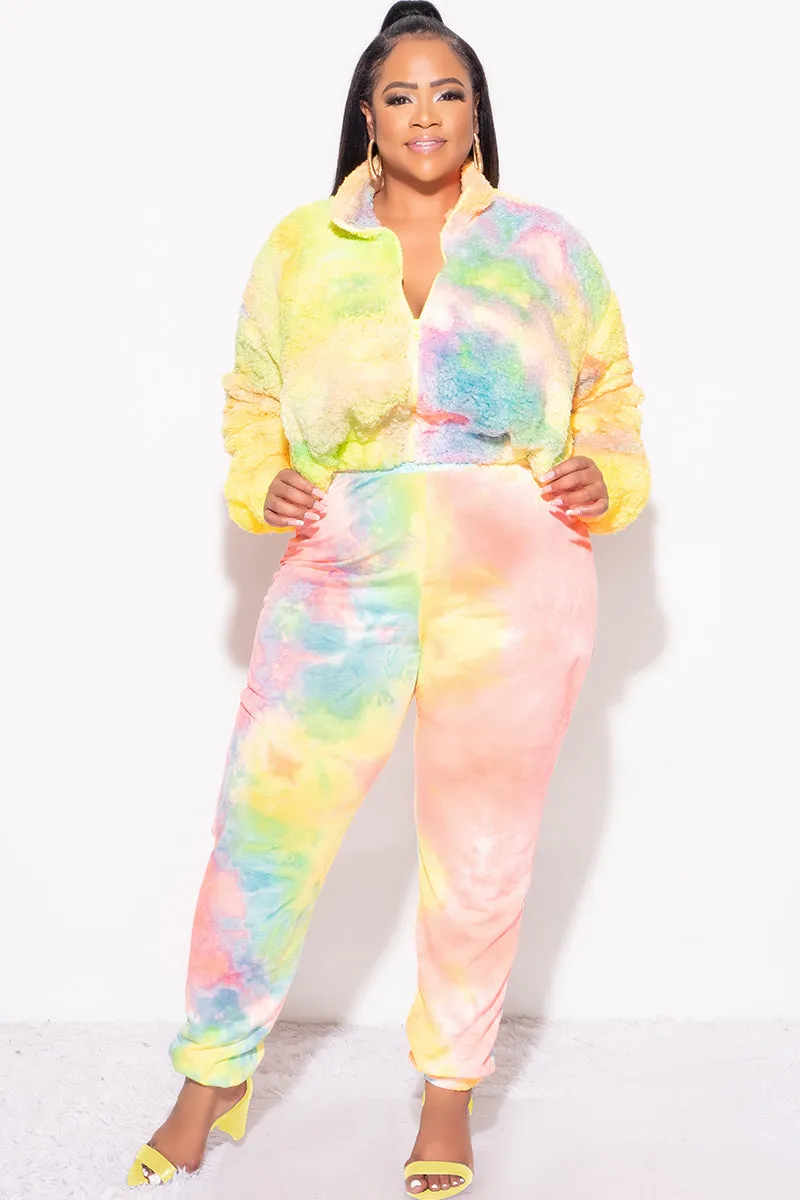 Final Sale Plus Size 2-Piece Set Fleece Jacket & Legging in Pastel Rainbow