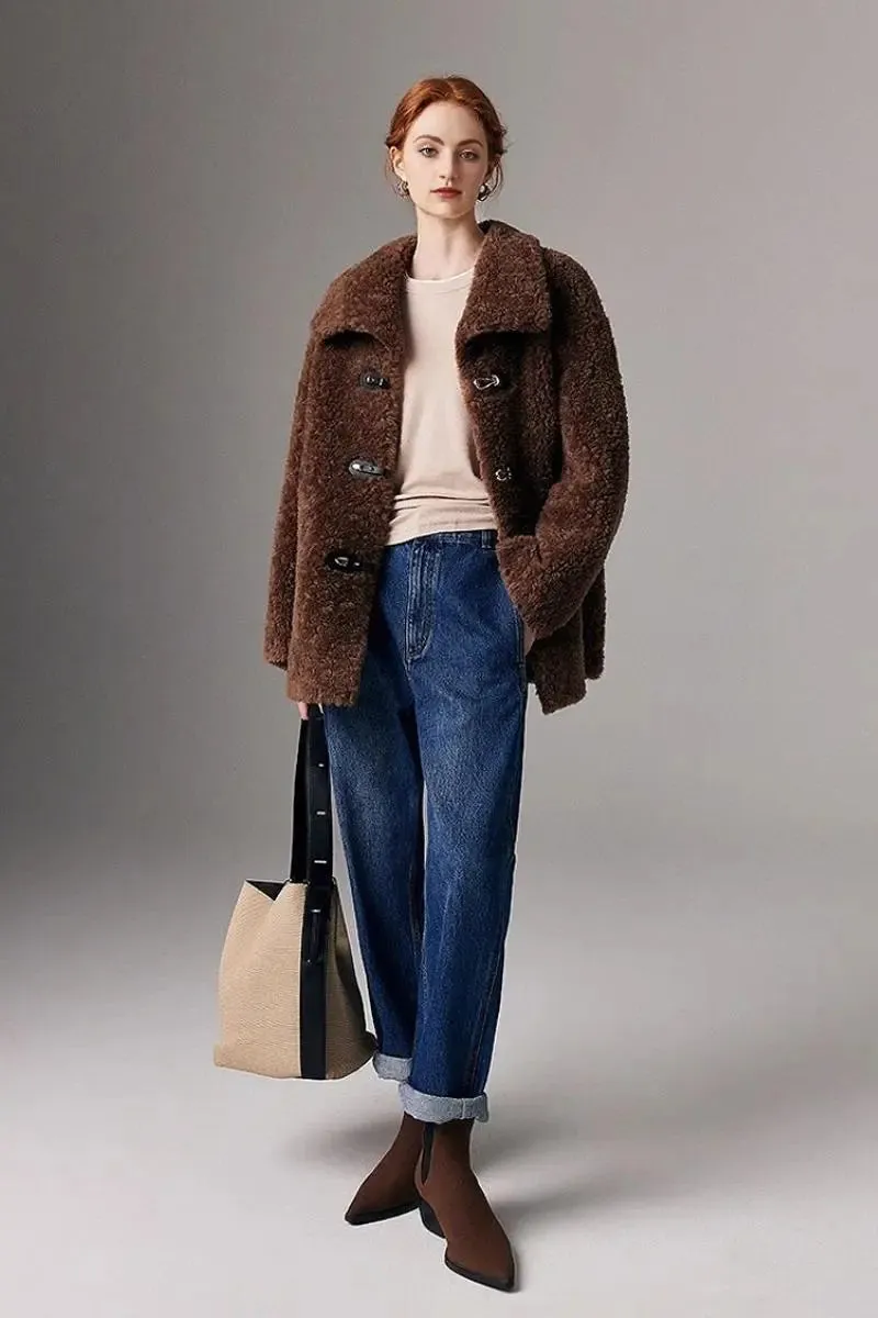 Genuine Shearling & Faux Suede Mid-length Coat with Oversized Collar