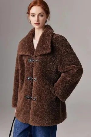 Genuine Shearling & Faux Suede Mid-length Coat with Oversized Collar