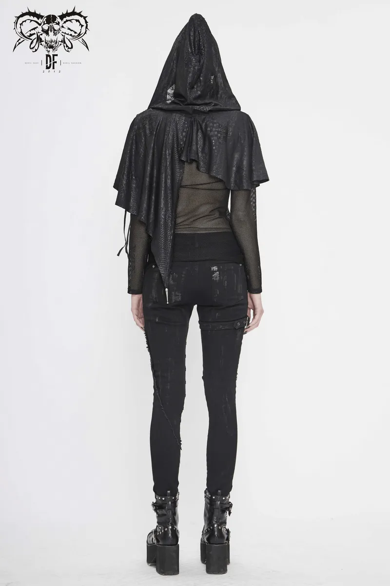 Gothic Punk Asymmetrical Hooded Cape / Women's Black Short Cape With Lace-up