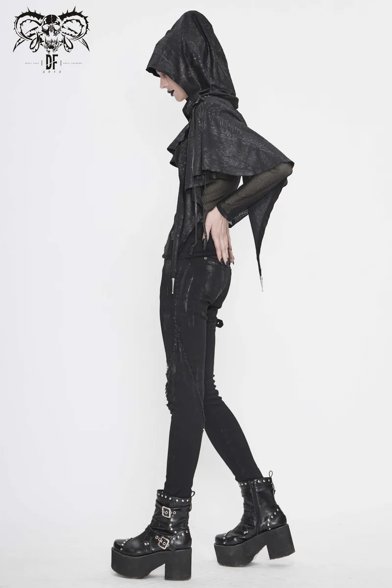 Gothic Punk Asymmetrical Hooded Cape / Women's Black Short Cape With Lace-up