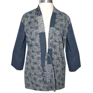 Handcrafted Indigo Print Cotton Kimono Jacket with Contrast Patchwork Neckband