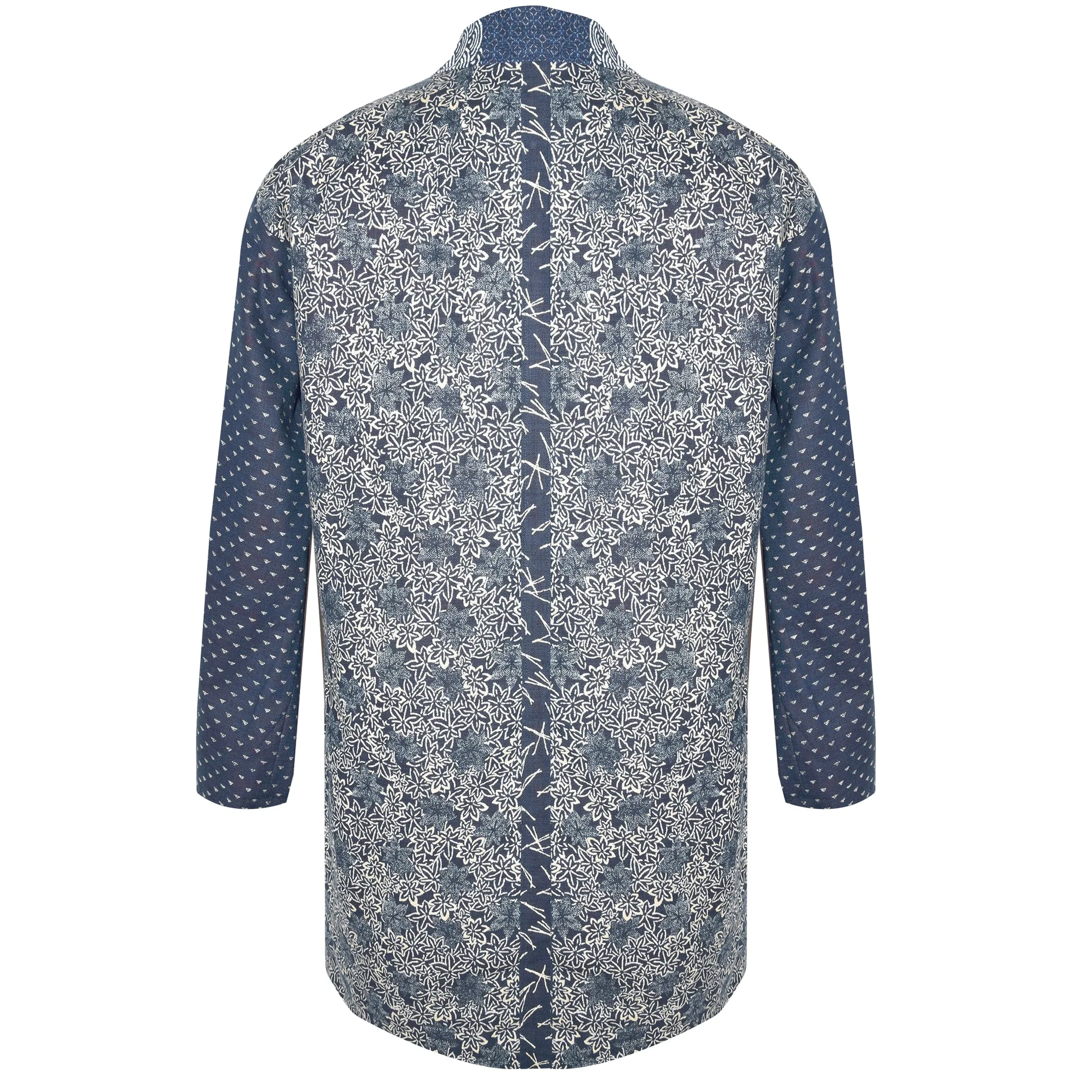 Handcrafted Indigo Print Cotton Kimono Jacket with Contrast Patchwork Neckband
