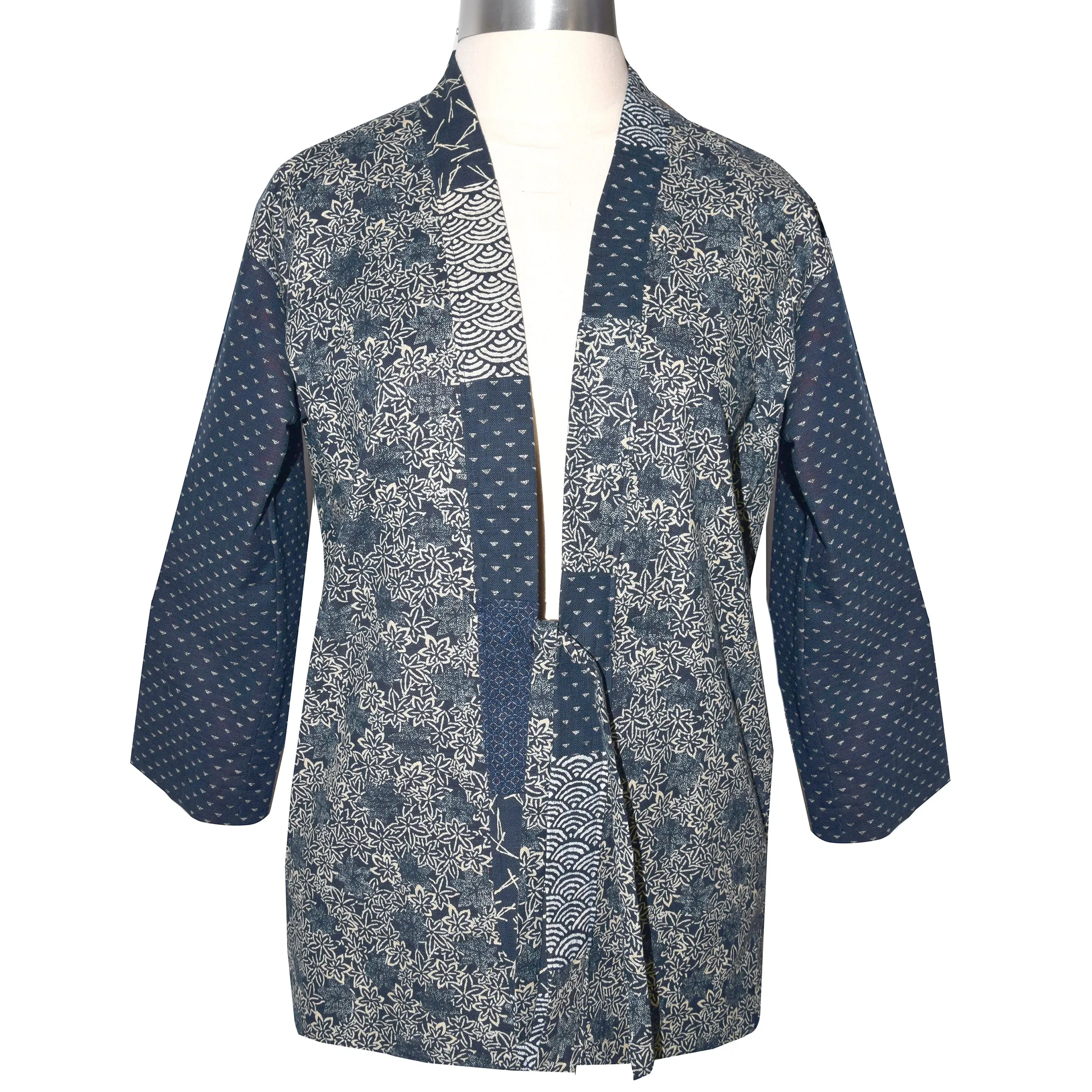 Handcrafted Indigo Print Cotton Kimono Jacket with Contrast Patchwork Neckband