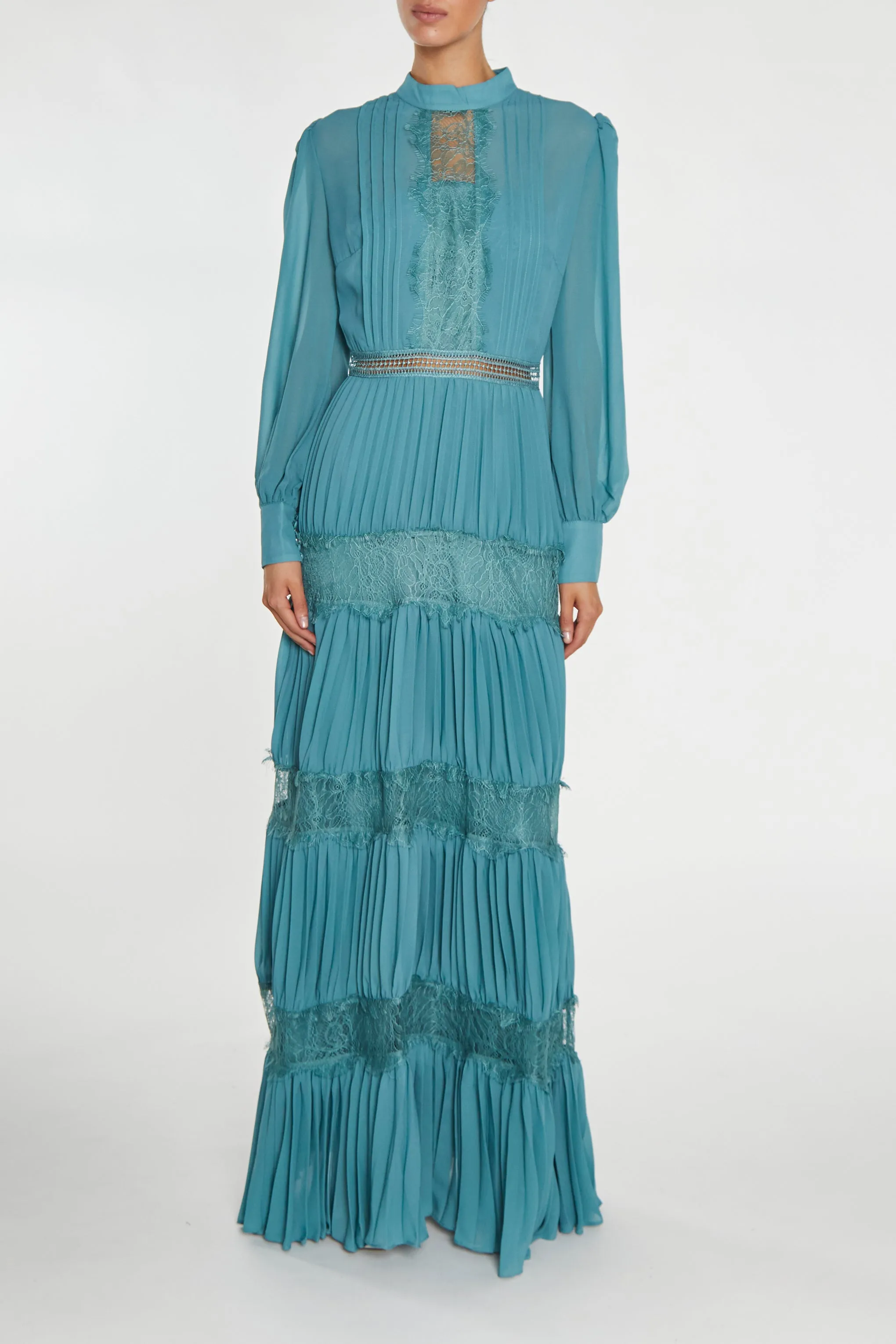 Holly Mineral Blue High-Neck Pleated Maxi Dress