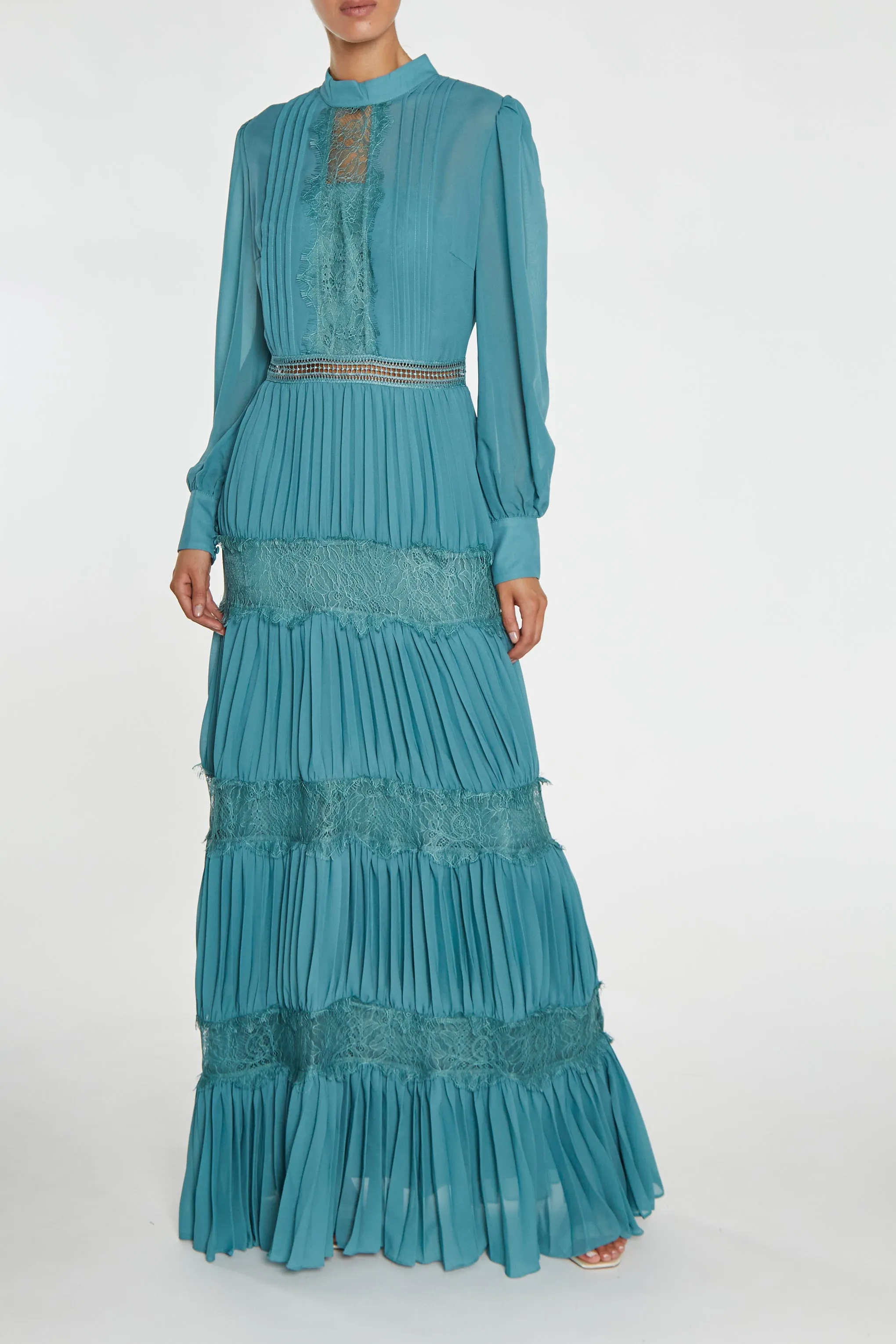 Holly Mineral Blue High-Neck Pleated Maxi Dress