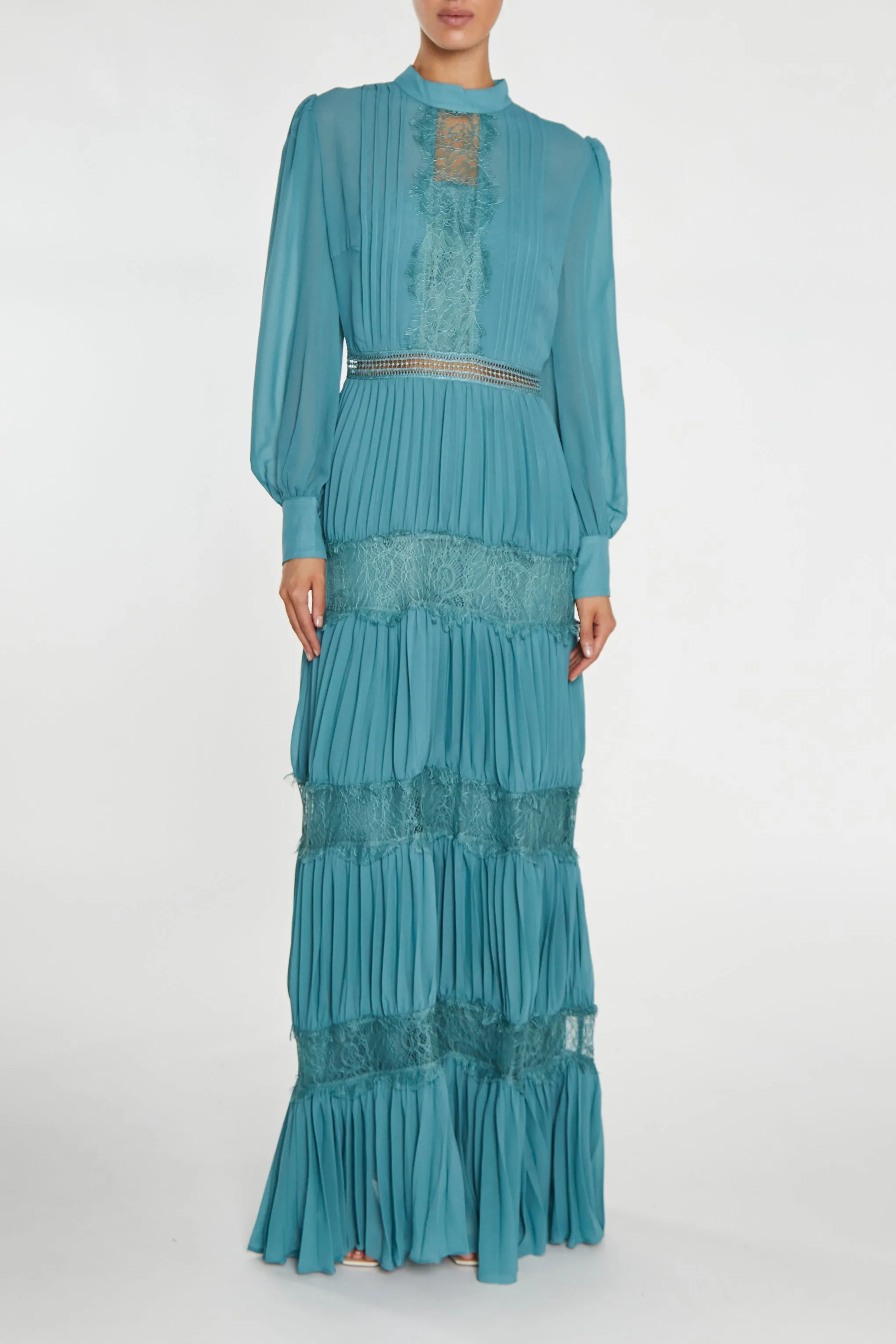 Holly Mineral Blue High-Neck Pleated Maxi Dress