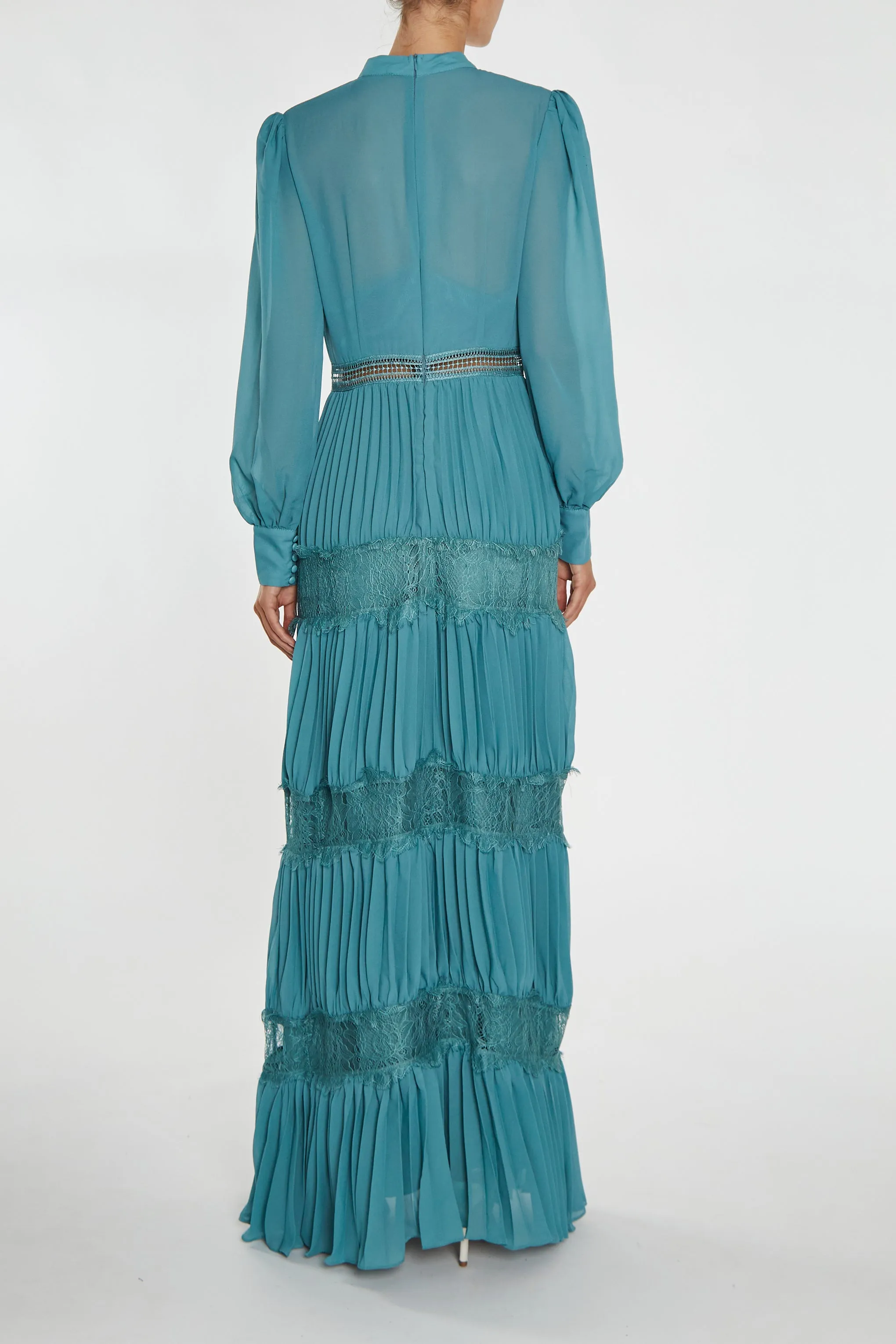 Holly Mineral Blue High-Neck Pleated Maxi Dress