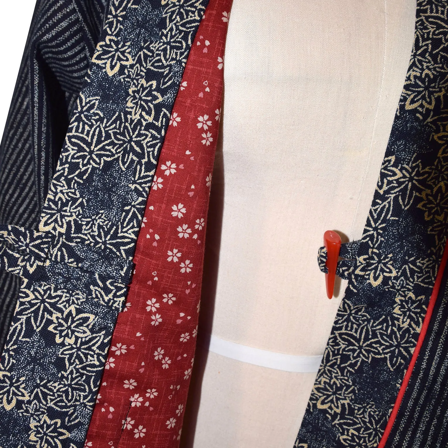 Indigo Patterned Kimono Style Jacket with Contrast Neckband and Horn Button