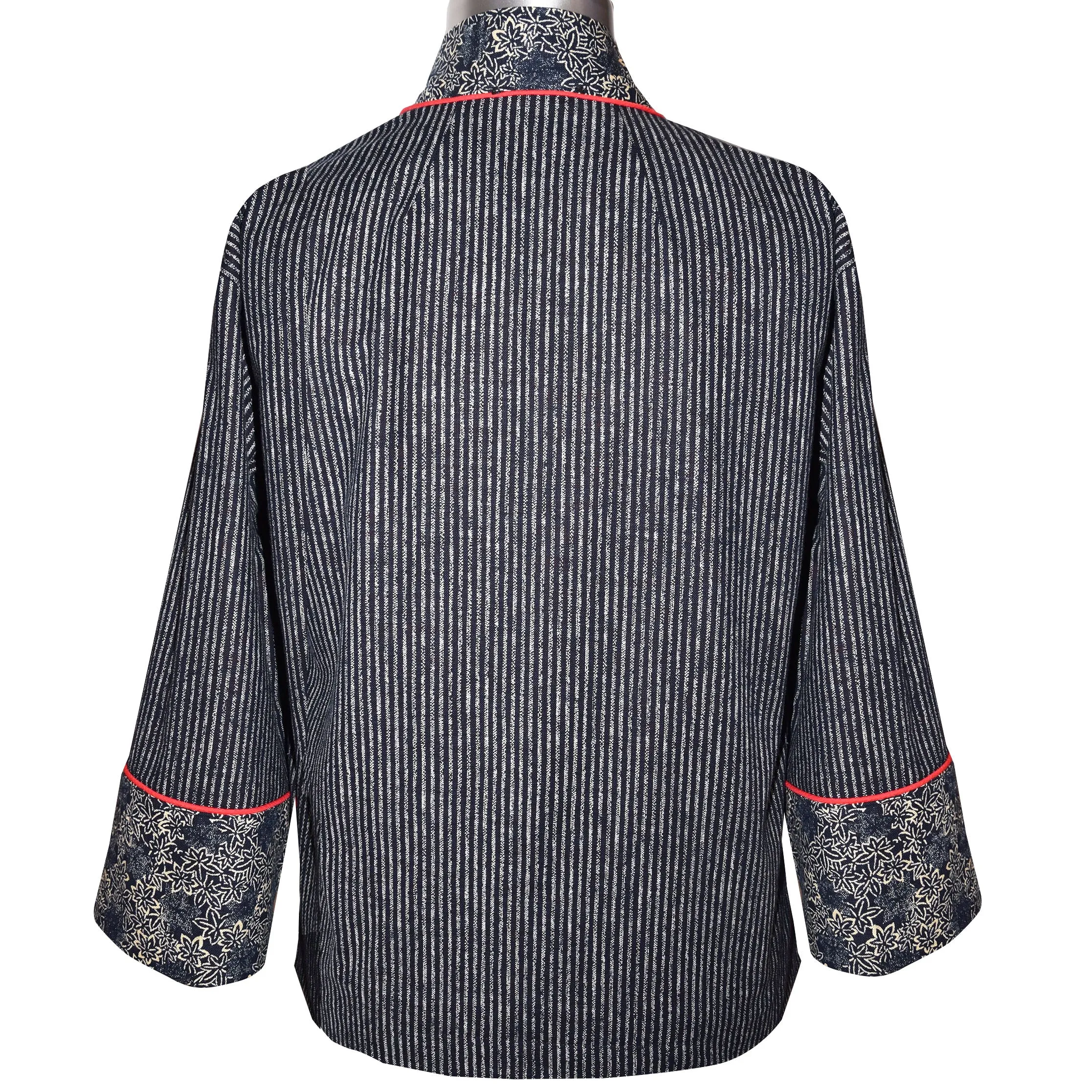Indigo Patterned Kimono Style Jacket with Contrast Neckband and Horn Button