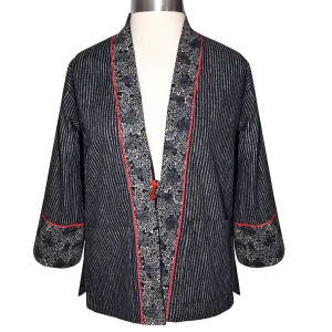 Indigo Patterned Kimono Style Jacket with Contrast Neckband and Horn Button