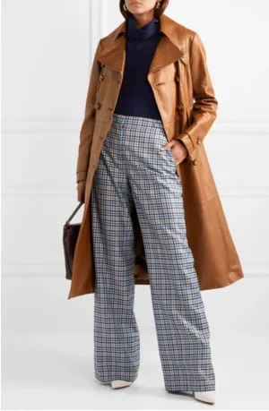 Issi Brown Leather Long Trench Coat Women Outfit Double Breasted
