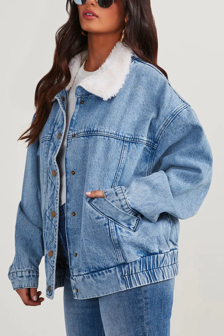 Jessica - Oversized Fleece Collar Denim Jacket