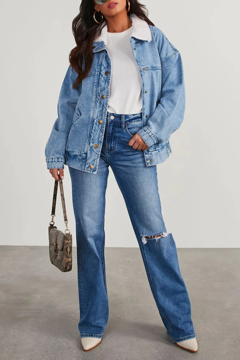Jessica - Oversized Fleece Collar Denim Jacket