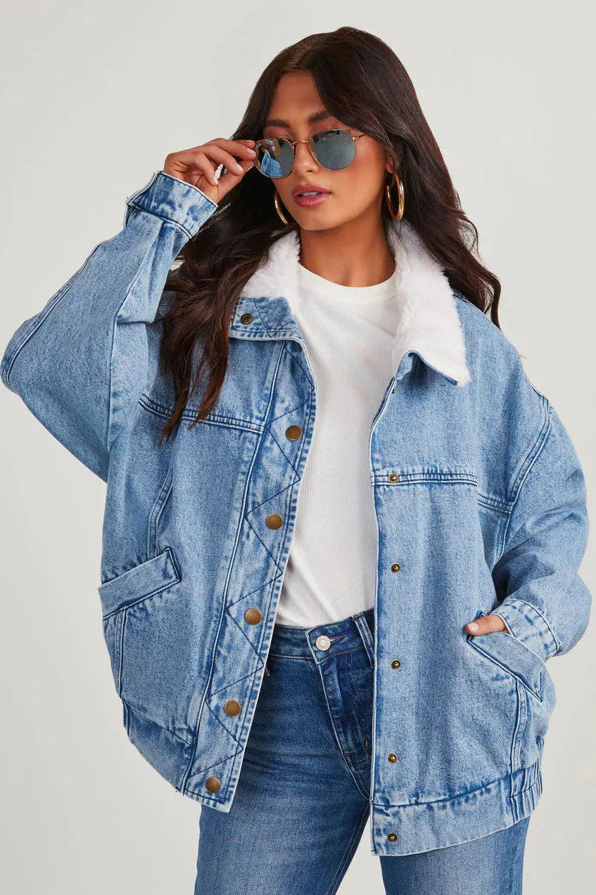 Jessica - Oversized Fleece Collar Denim Jacket