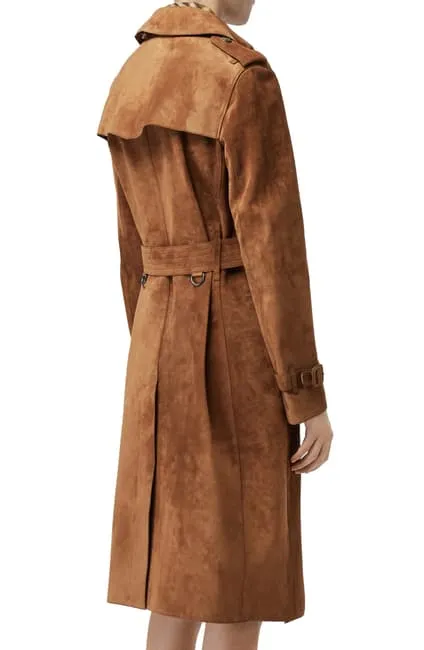 June Brown Suede Leather Long Trench Coat Women Outfit with Belt