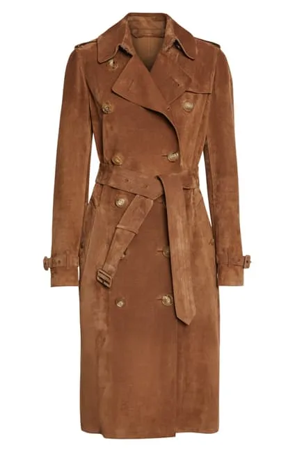 June Brown Suede Leather Long Trench Coat Women Outfit with Belt