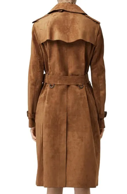 June Brown Suede Leather Long Trench Coat Women Outfit with Belt