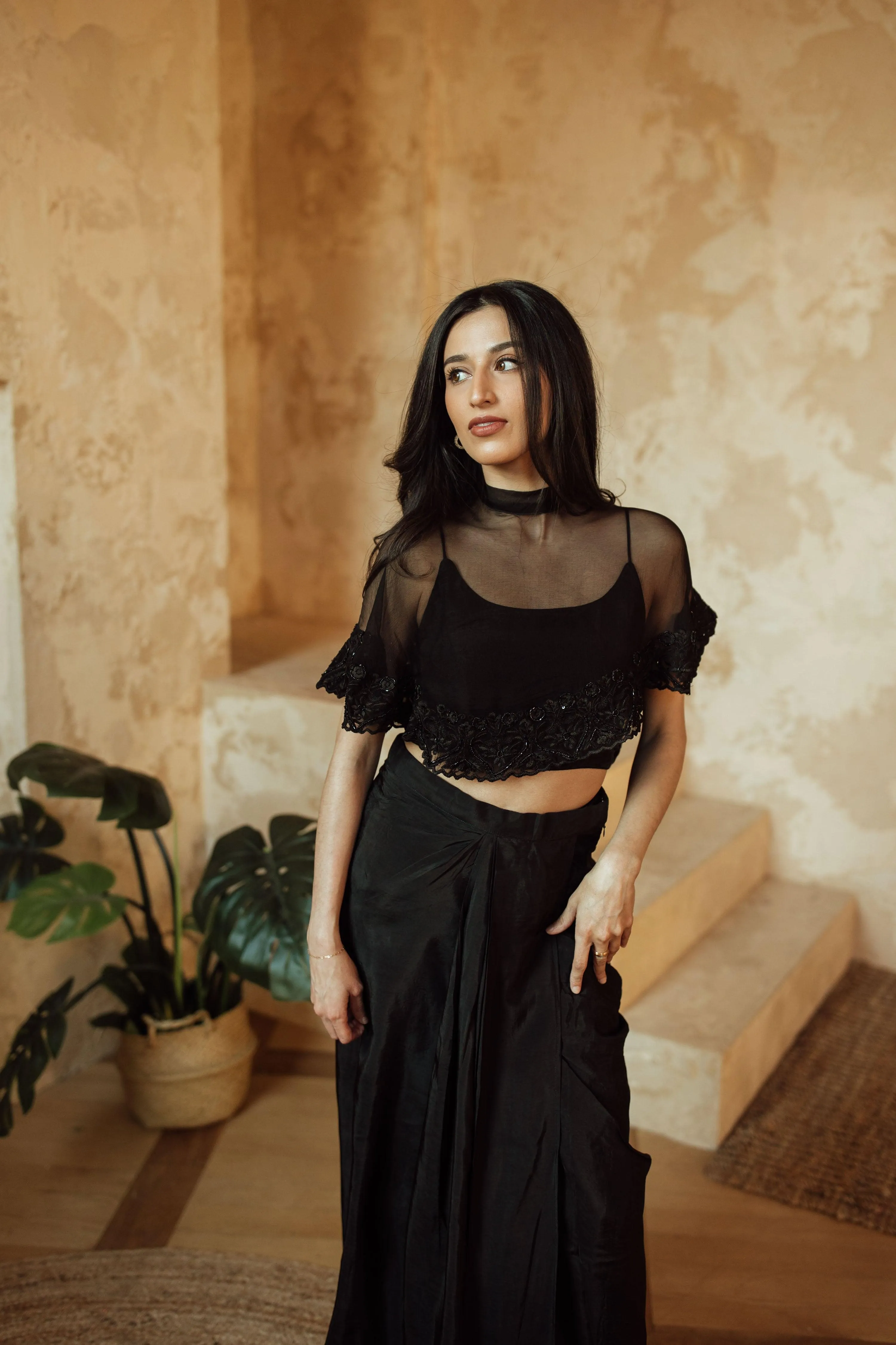 Kai Black Cape and blouse with Embroidery