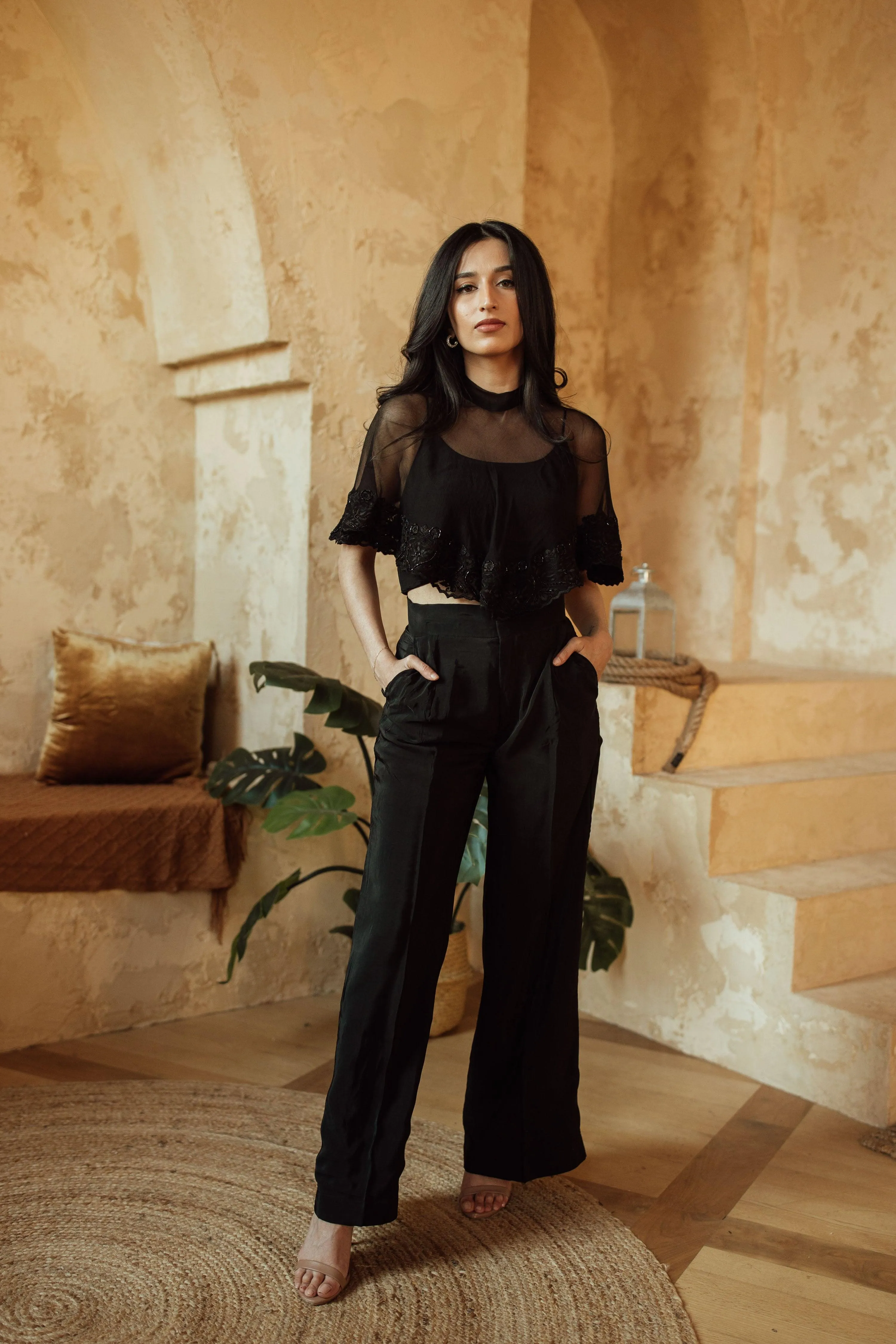 Kai Black Cape and blouse with Embroidery