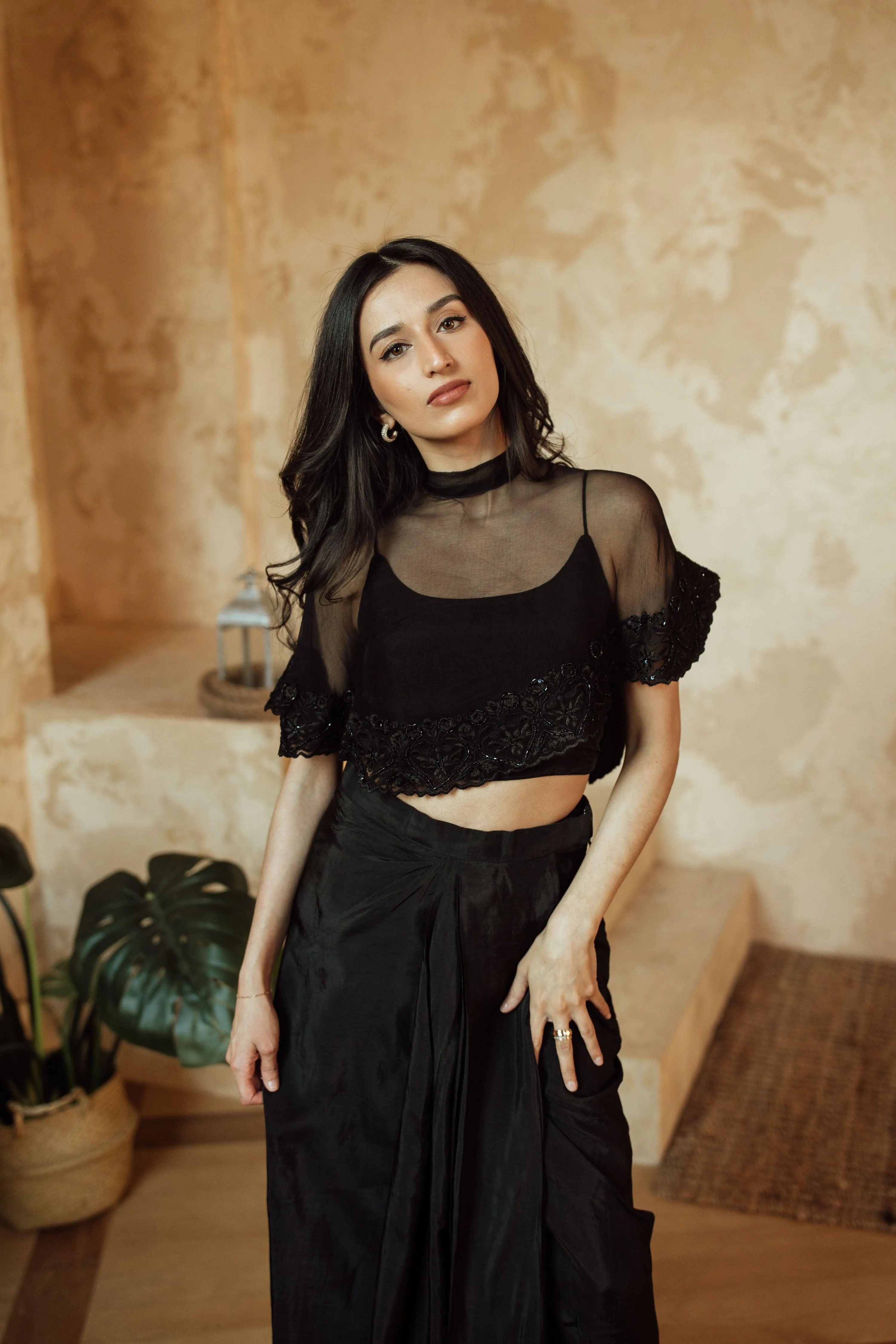 Kai Black Cape and blouse with Embroidery