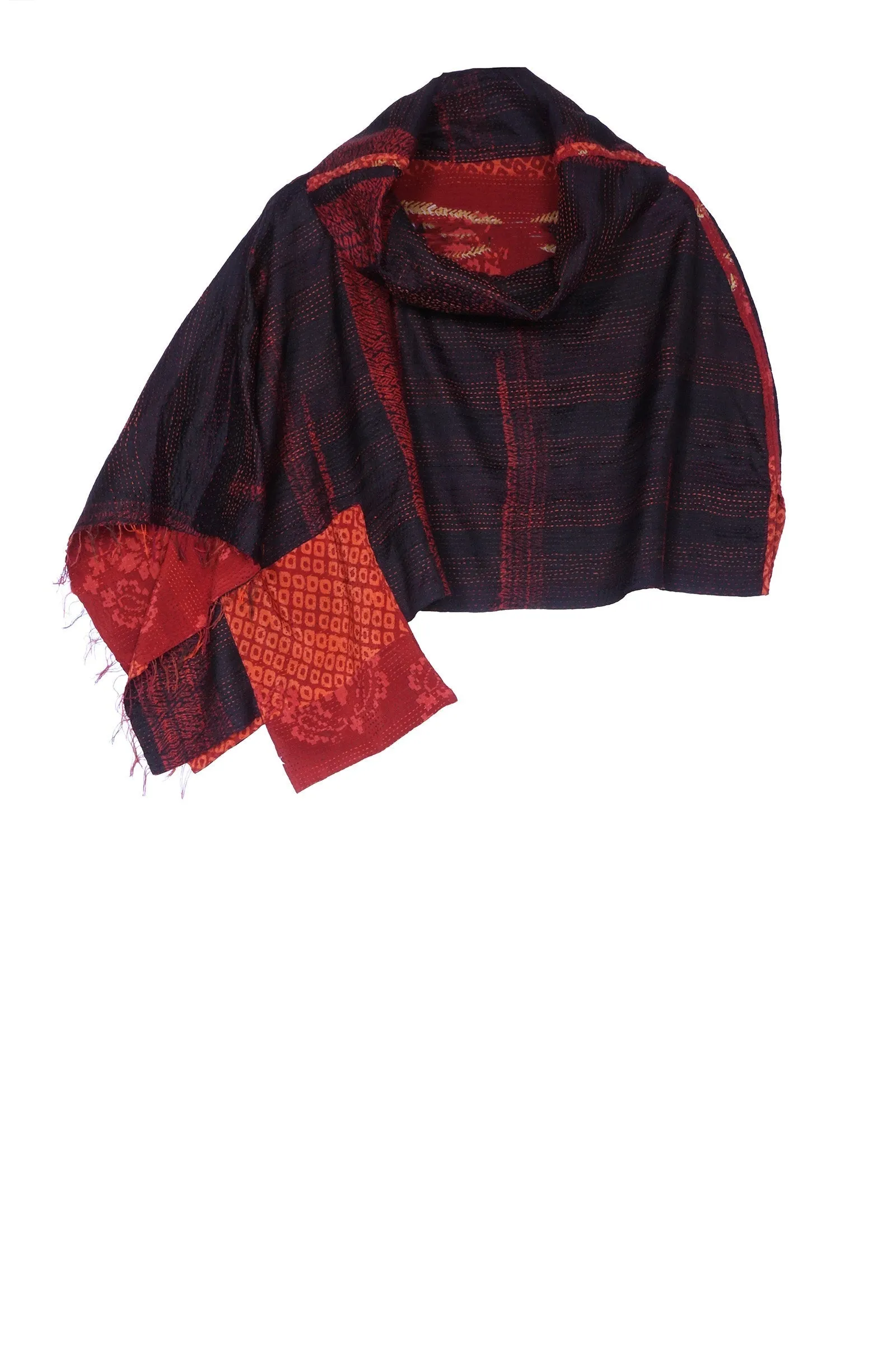 KIMONO PRINT KANTHA COWL NECK CAPE - kp2807-red -