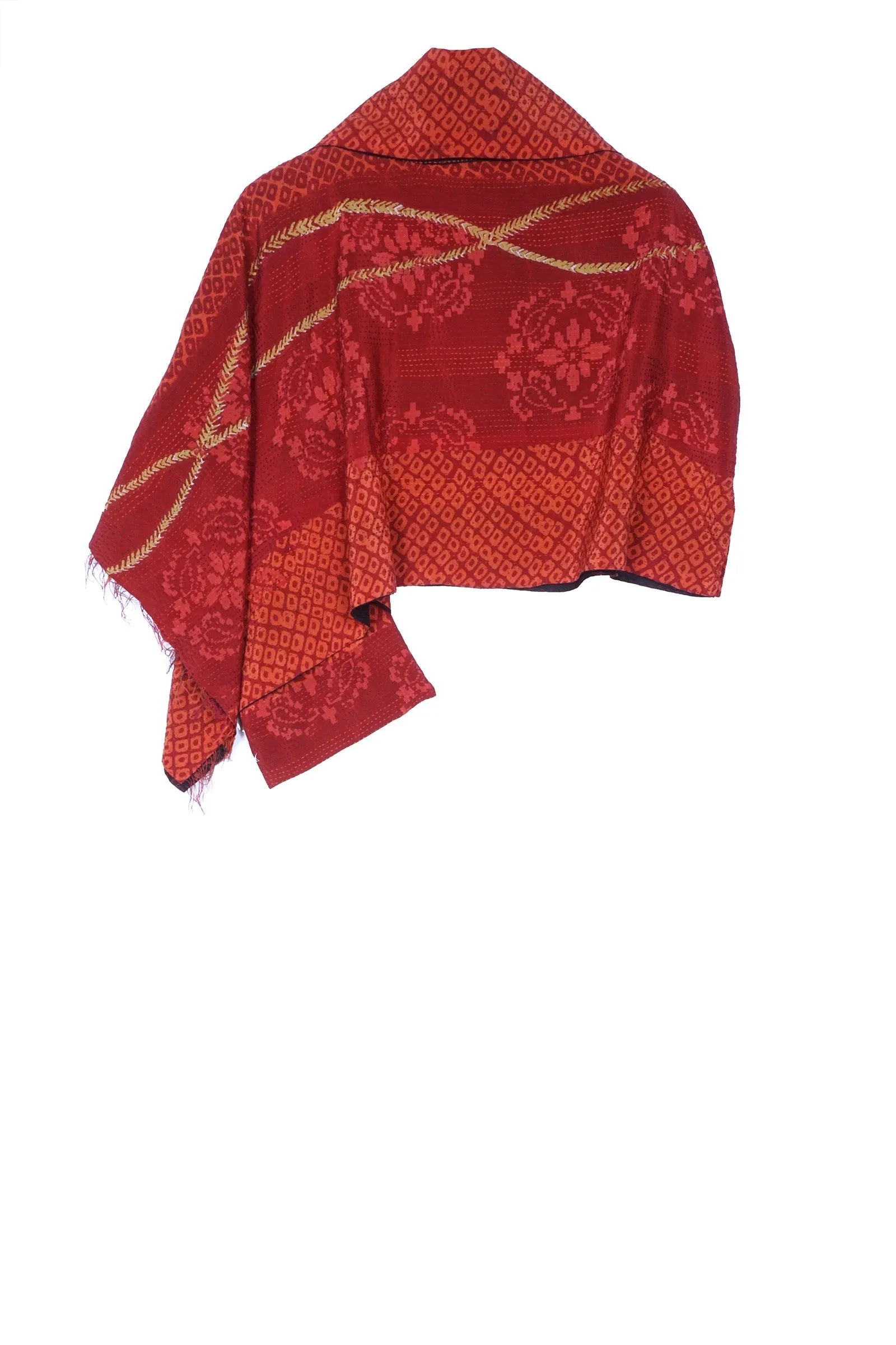 KIMONO PRINT KANTHA COWL NECK CAPE - kp2807-red -