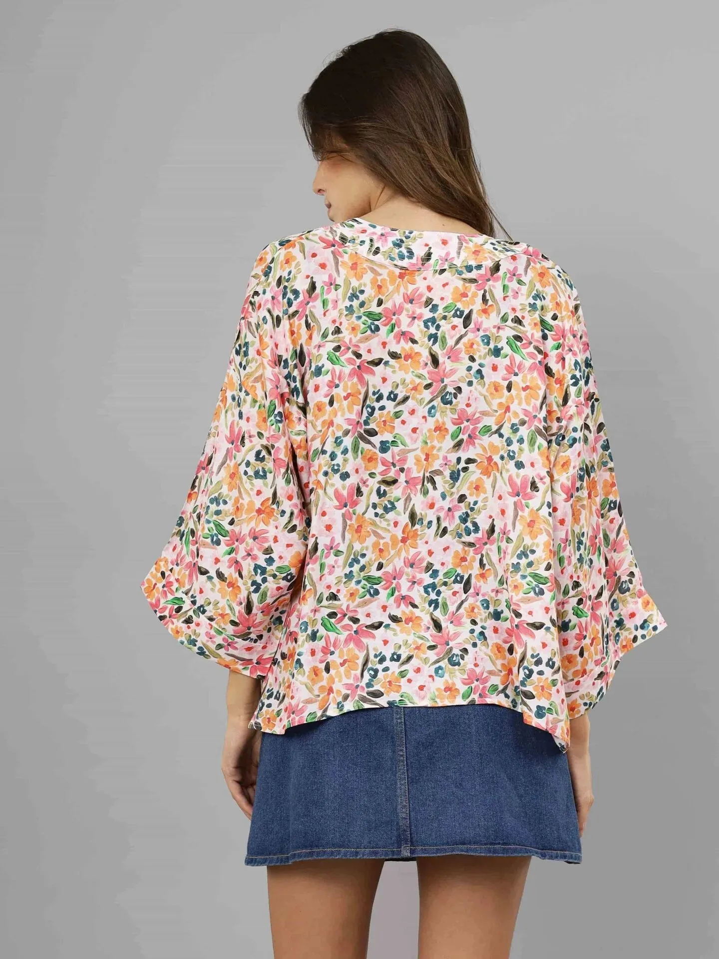 Kimono Short: Floral Orange Pink