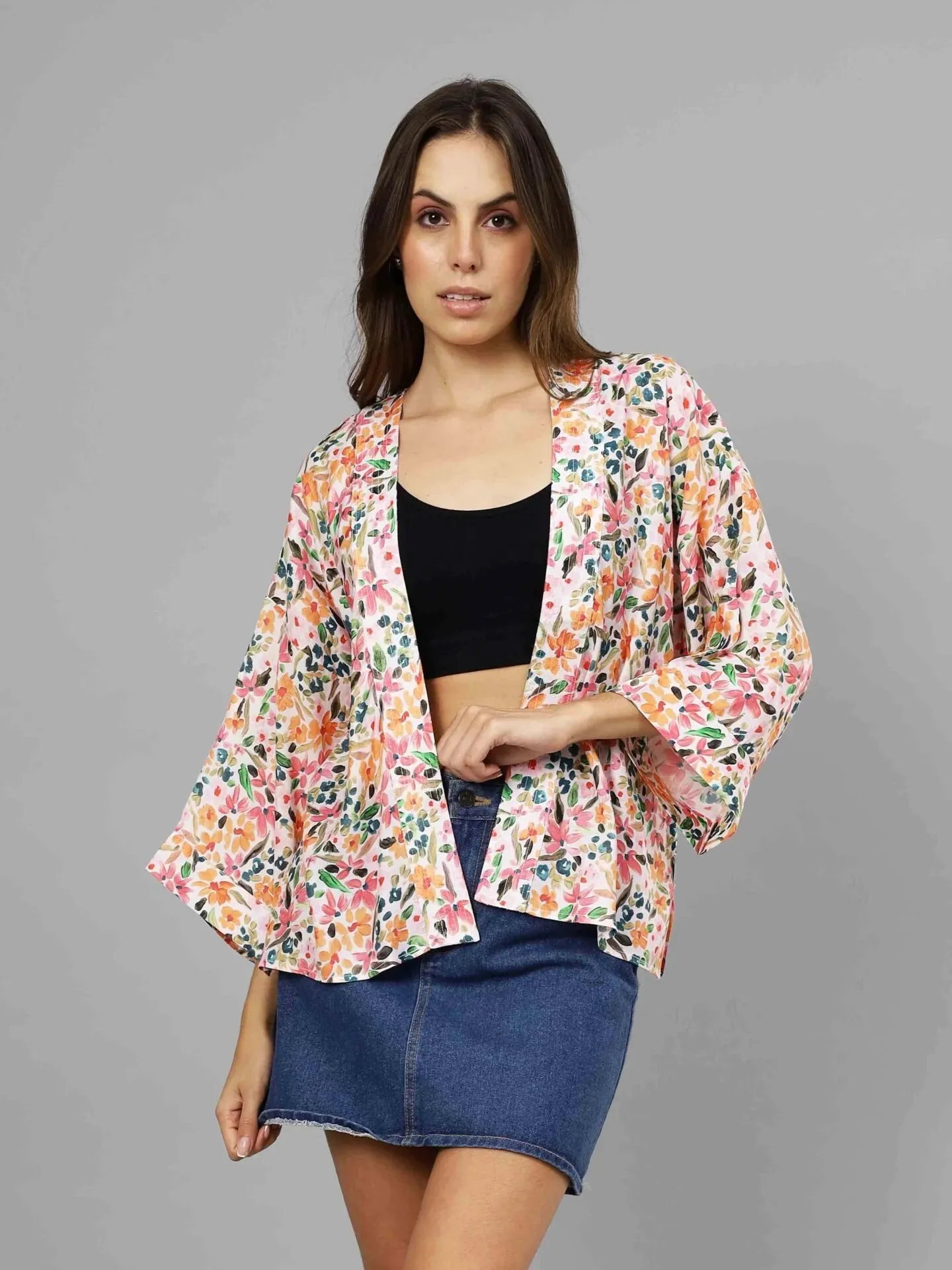 Kimono Short: Floral Orange Pink
