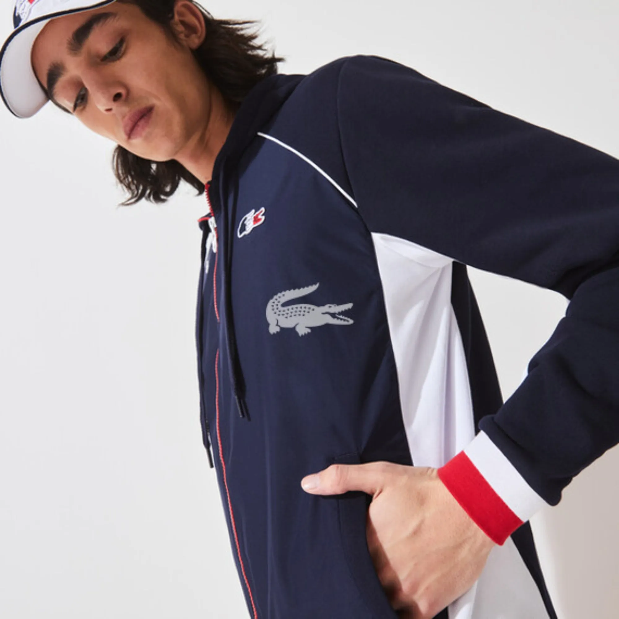 Lacoste Men'S Sport French Sporting Spirit Edition Zippered Fleece Jacket -  Navy Blue/White-Red