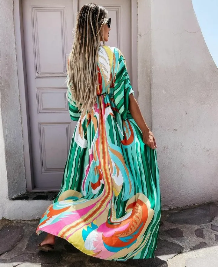 Lady LUXE kimono satin maxi dress - green multi