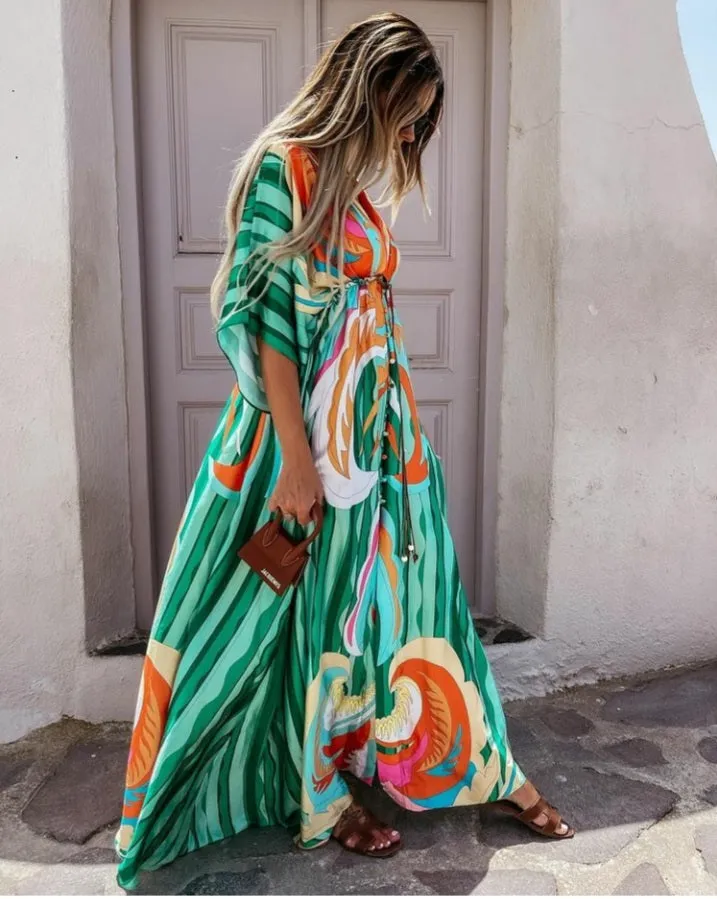 Lady LUXE kimono satin maxi dress - green multi