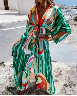 Lady LUXE kimono satin maxi dress - green multi