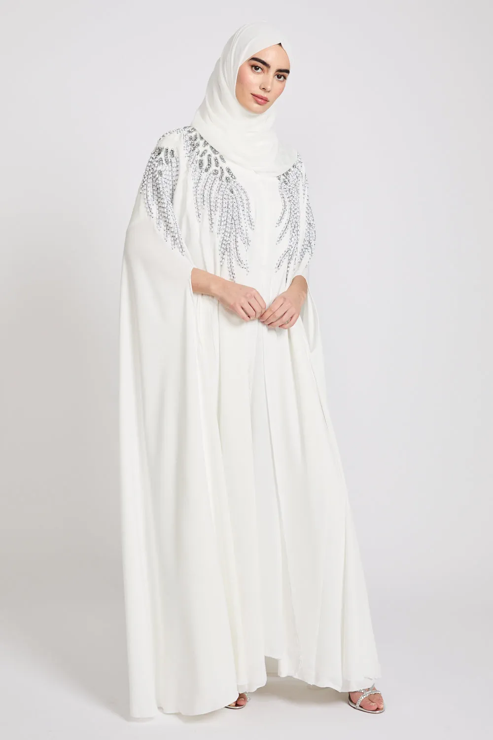 Luxury Pearls & Crystals Embellished Cape - Royal White