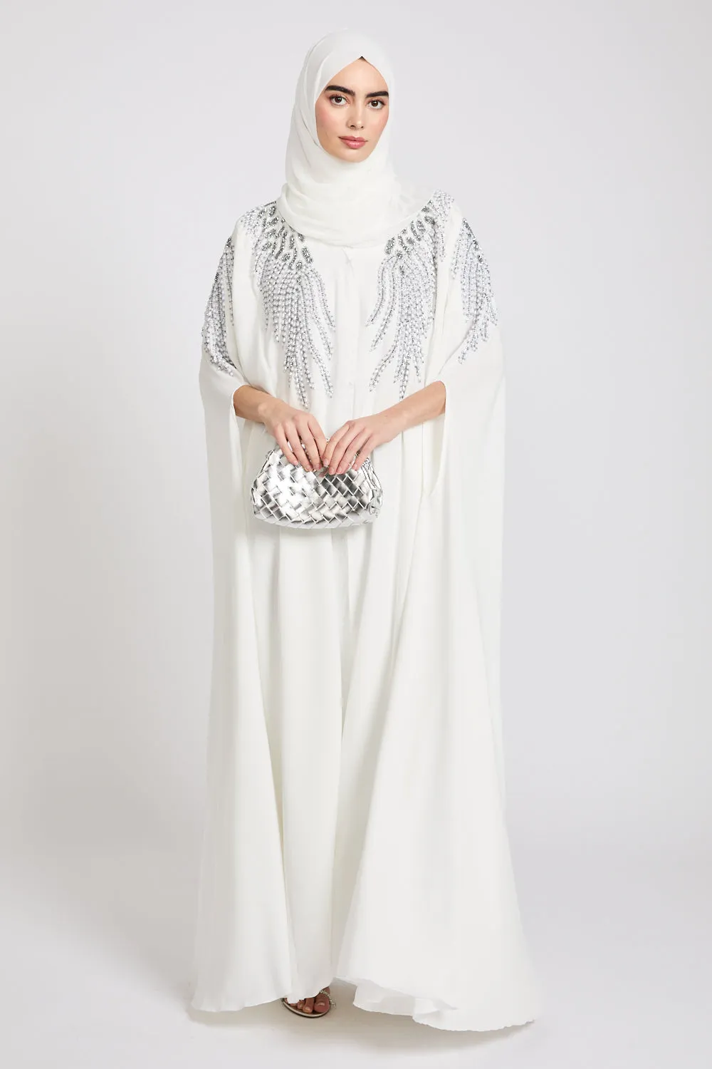 Luxury Pearls & Crystals Embellished Cape - Royal White