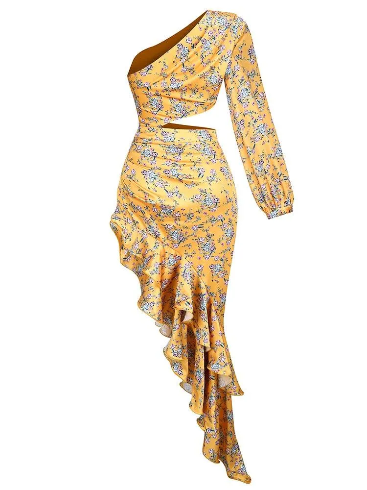Maribel Floral Irregular Ruffle Dress