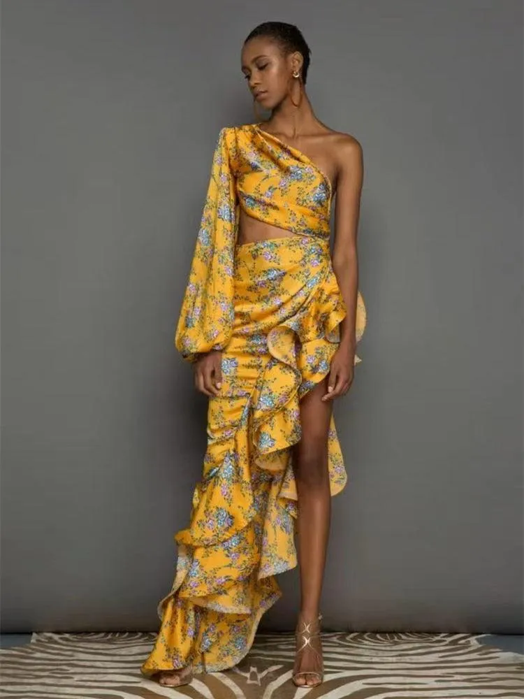 Maribel Floral Irregular Ruffle Dress
