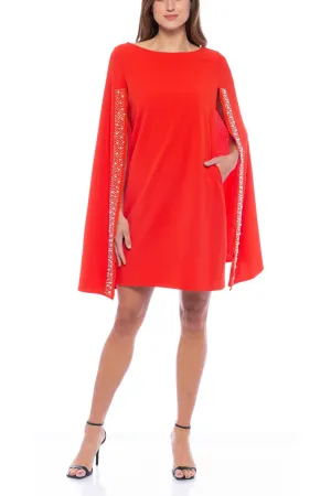 Marina Cape Back Boat Neckline Crepe Stone Detail Dress