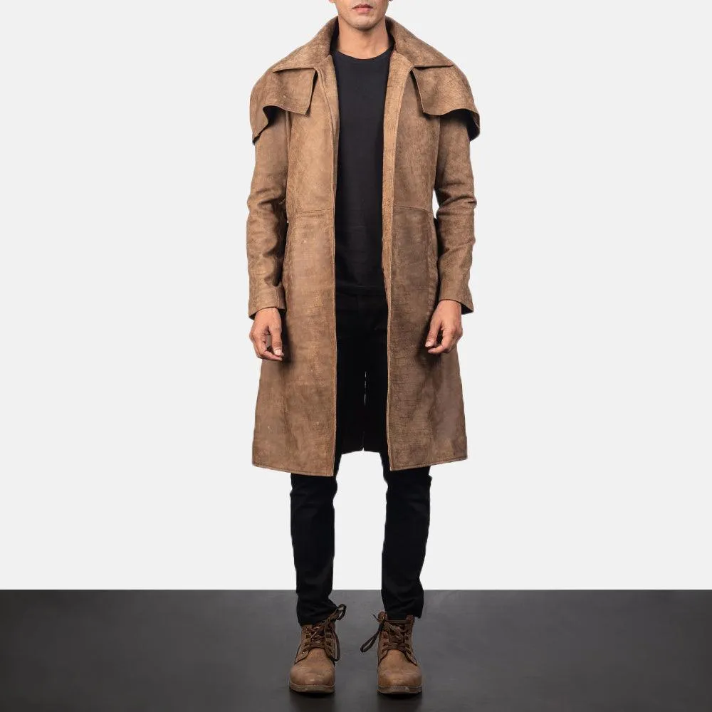 Men's Army Brown Sheepskin Leather Duster Coat
