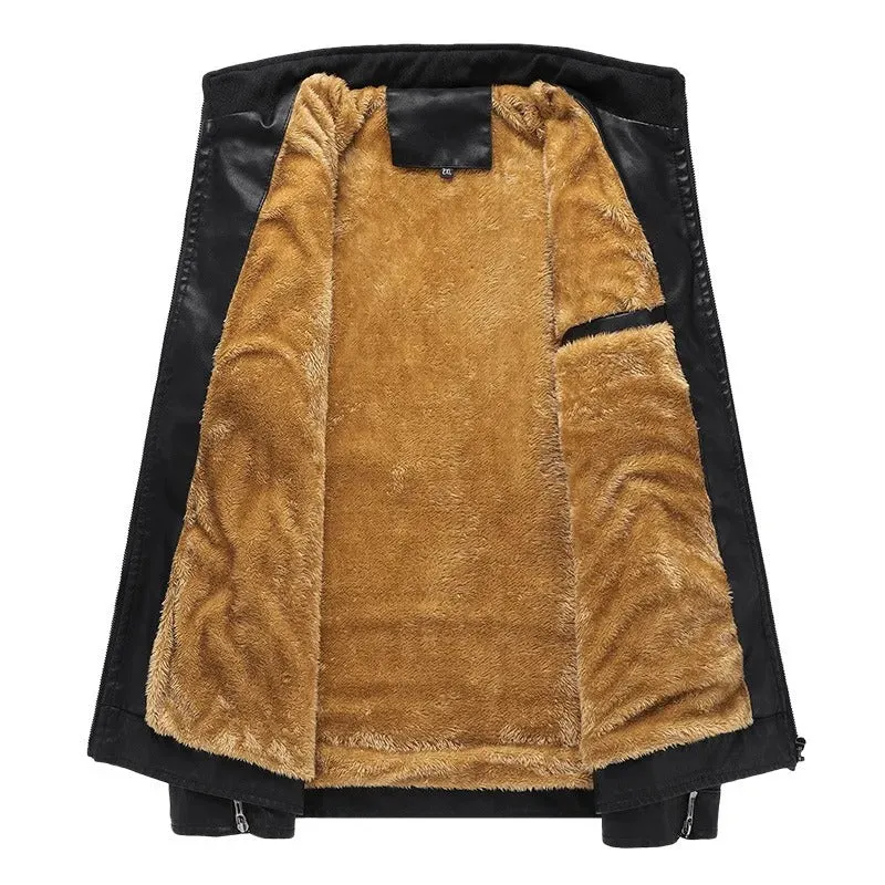 Men's Elegant Fleece Vegan Leather Jacket with Pockets | Ideal for Autumn/Winter