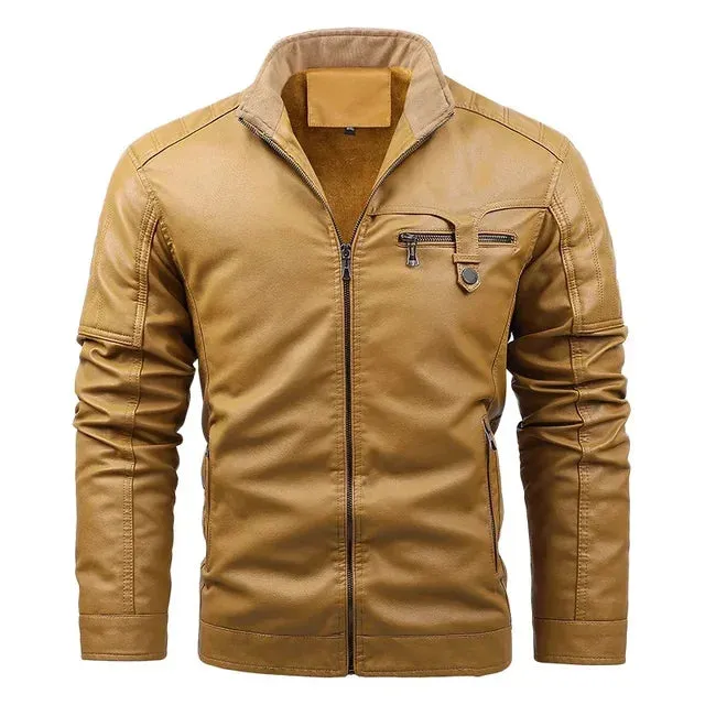 Men's Elegant Fleece Vegan Leather Jacket with Pockets | Ideal for Autumn/Winter