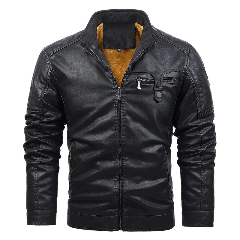 Men's Elegant Fleece Vegan Leather Jacket with Pockets | Ideal for Autumn/Winter