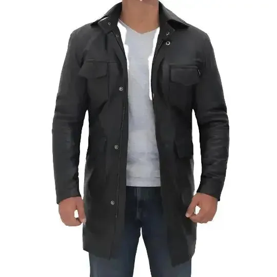 Men's Four Pocket Black Leather Trench Coat Classic & Functional