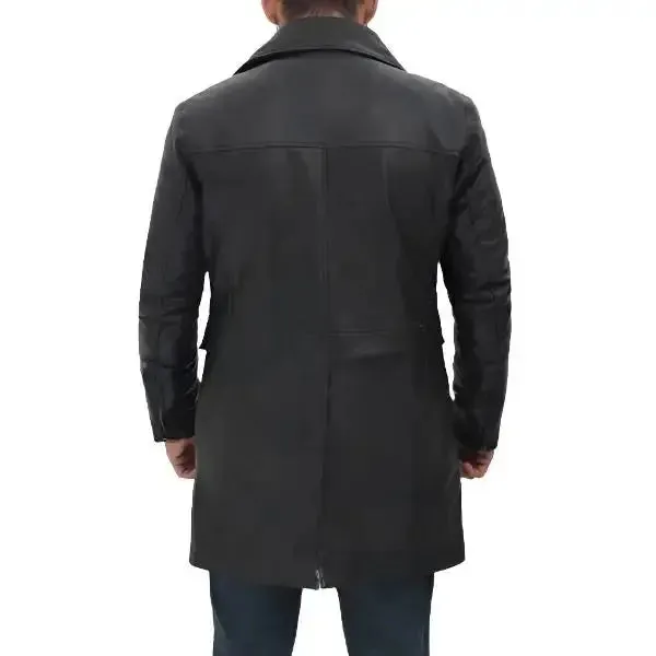 Men's Four Pocket Black Leather Trench Coat Classic & Functional