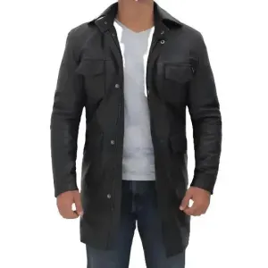 Men's Four Pocket Black Leather Trench Coat Classic & Functional