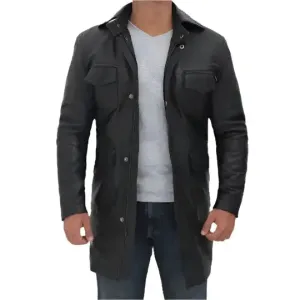 Men's Four Pocket Black Leather Trench Coat