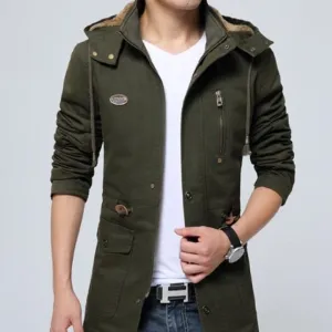 Mens Trench Coat with Removable Hood and Warm Lining