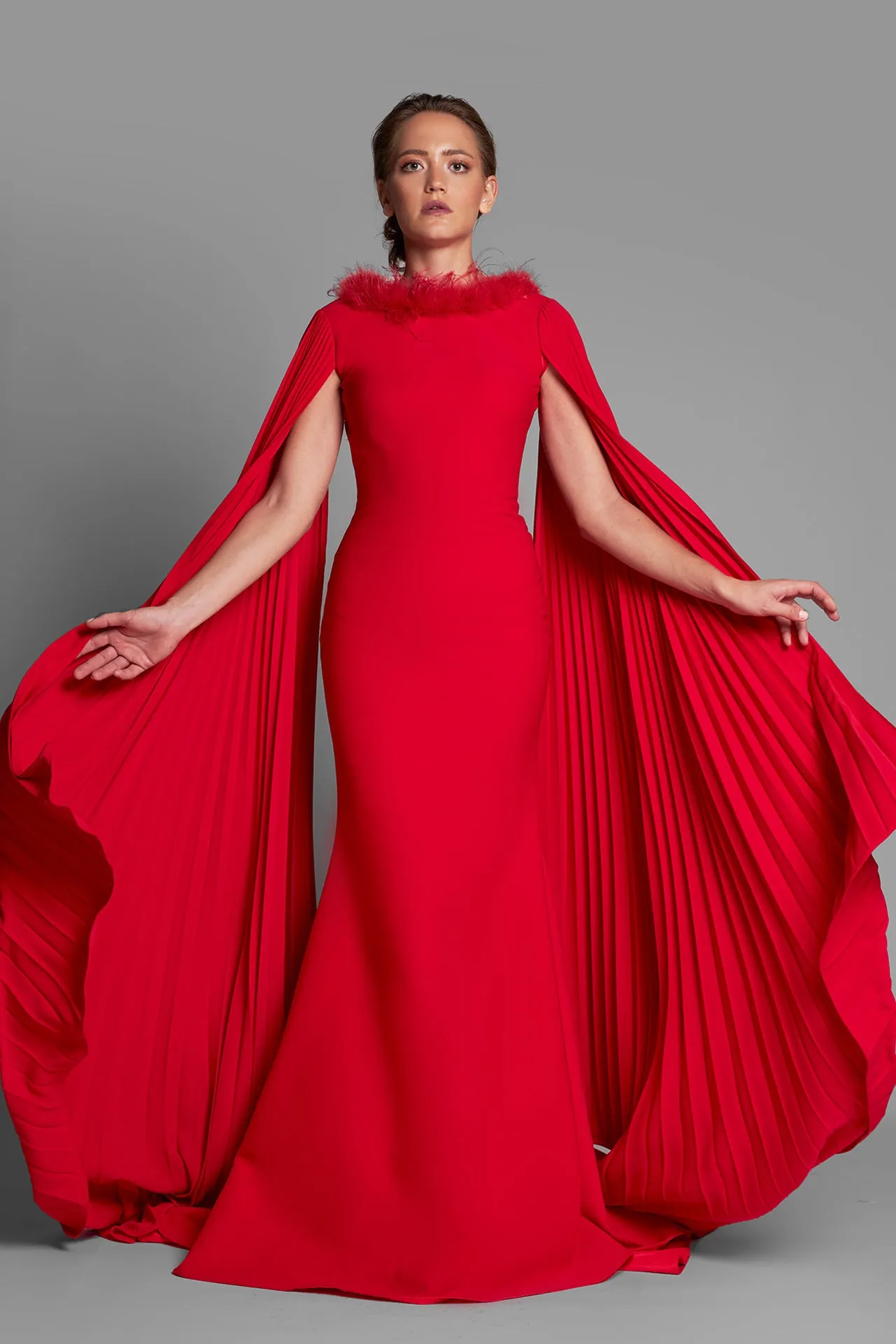Mermaid Dress with Pleated Cape Sleeves