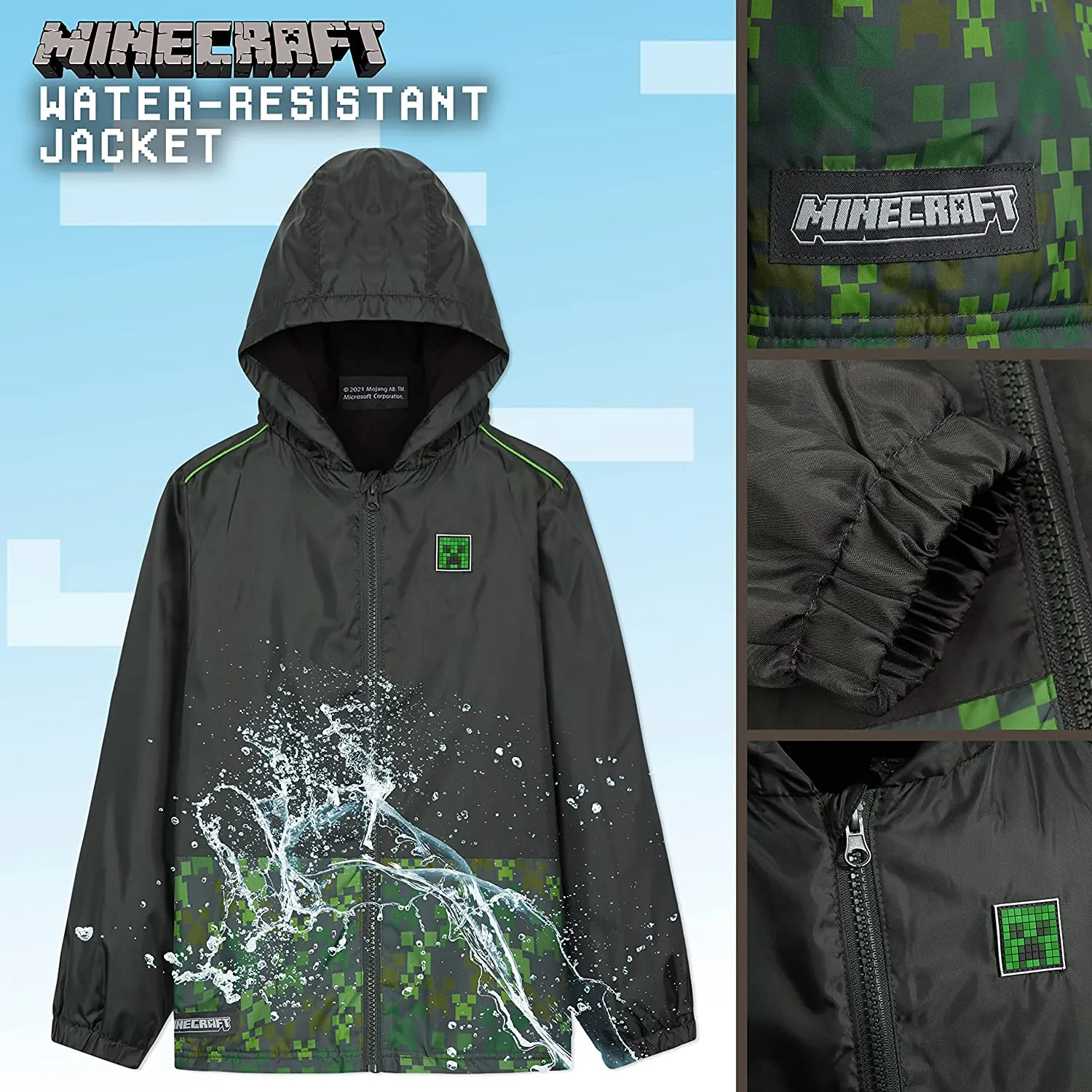 Minecraft Rain Waterproof Jacket with Warm Lining and Hood for Gamers Boys Girls